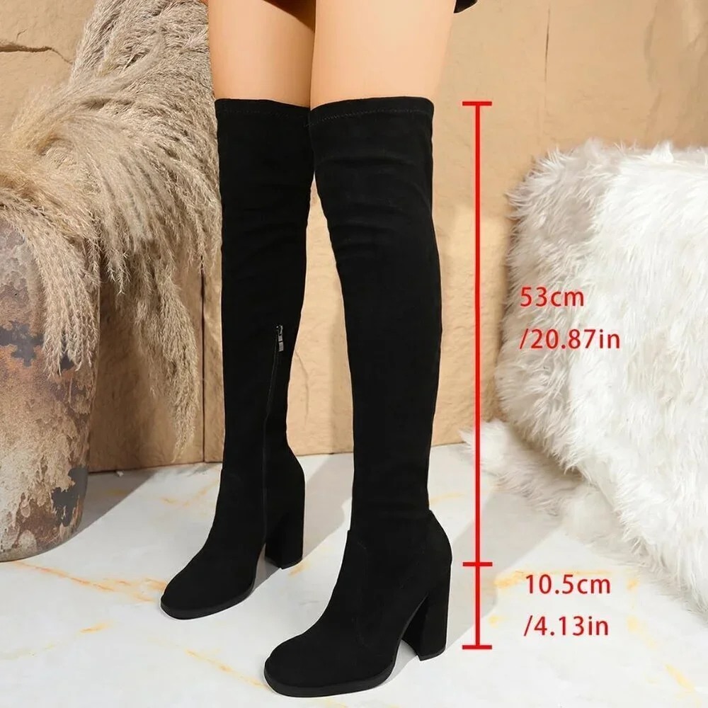 Women's Black 2 Thigh High Over The Knee Leather Heels Long Sexy Round Toe Boots